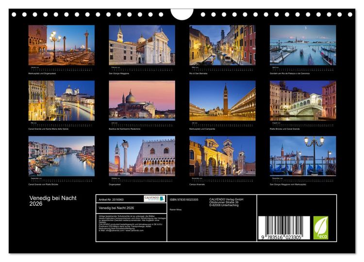 Produktbild: Venedig bei Nacht 2026 (Wandkalender 2026 DIN A4 quer), CALVENDO Monatskalender