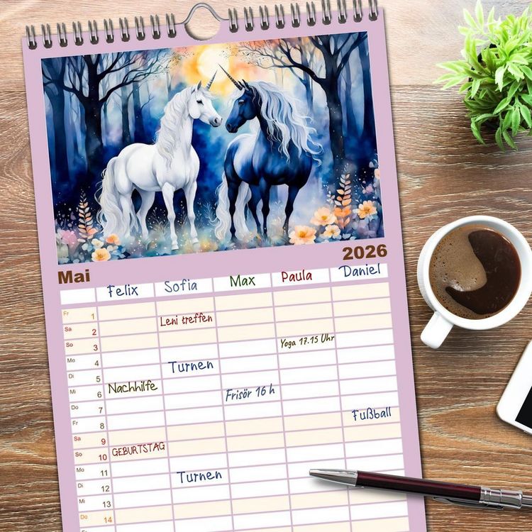 Produktbild: Familienplaner 2026 - Magische Einh&ouml;rner - Traumlandschaften unterm Regenbogen mit 5 Spalten (Wandkalender, 21 x 45 cm) CALVENDO