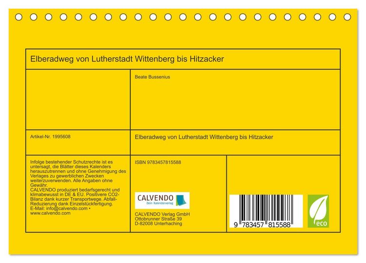 Produktbild: Elberadweg von Lutherstadt Wittenberg bis Hitzacker (Tischkalender 2026 DIN A5 quer), CALVENDO Monatskalender
