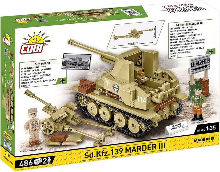 Produktbild: COBI Historical Collection 3131 - Sd.Kfz.139 Marder III, Jagdpanzer, WWII, Ma&szlig;stab 1:35, Bausatz, 486 Klemmbausteine, 2 Figuren