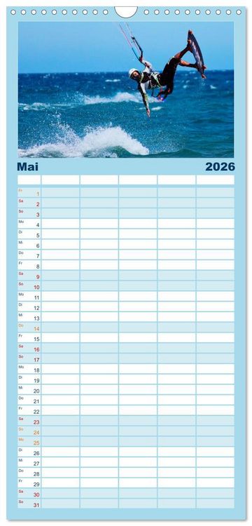 Produktbild: Familienplaner 2026 - Kitesurfen - &uuml;ber den Wellen mit 5 Spalten (Wandkalender, 21 x 45 cm) CALVENDO