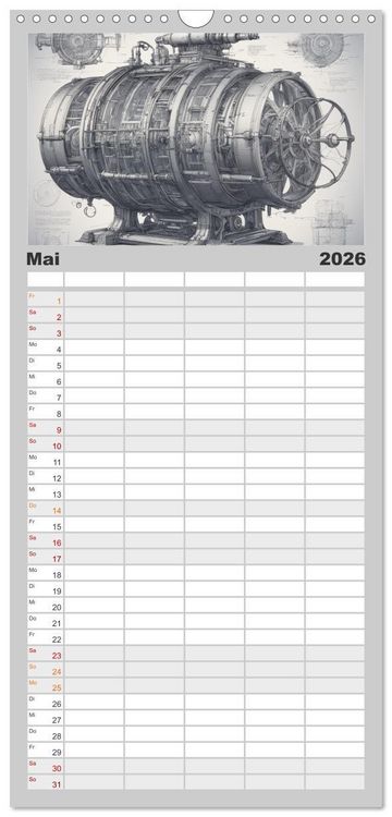 Produktbild: Familienplaner 2026 - Steampunk - Blaupausen mit 5 Spalten (Wandkalender, 21 x 45 cm) CALVENDO