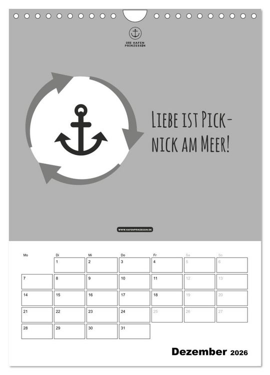 Produktbild: hafenprinzessin: Ankertr&auml;ume & Meer - Der moderne Zitate-Wandkalender f&uuml;r maritime Lebensmomente! (Wandkalender 2026 DIN A4 hoch), CALVENDO Monatskalender