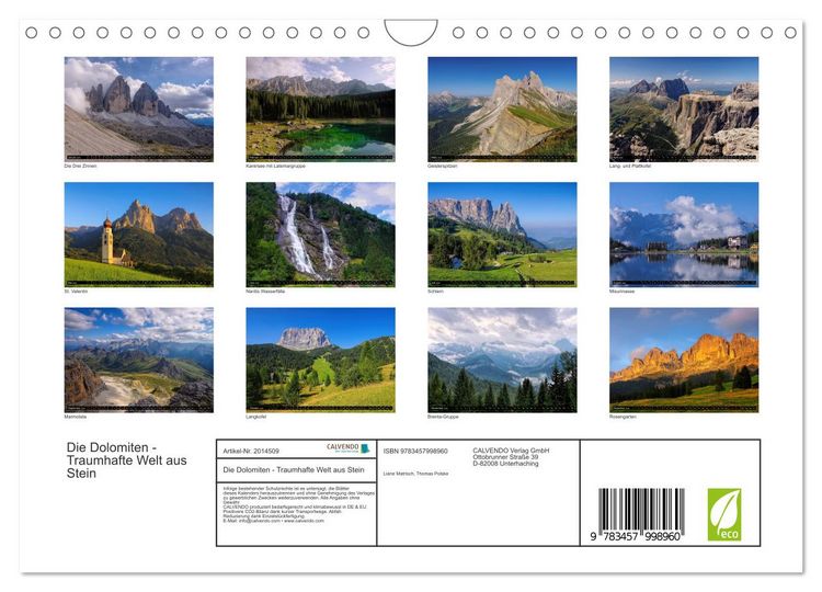 Produktbild: Die Dolomiten - Traumhafte Welt aus Stein (Wandkalender 2026 DIN A4 quer), CALVENDO Monatskalender