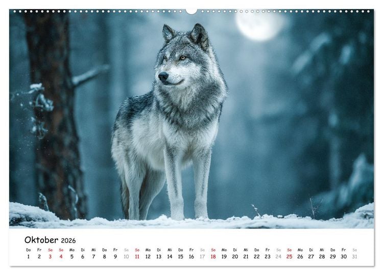 Produktbild: W&ouml;lfe im Mondlicht - Ruf der Wildnis (hochwertiger Premium Wandkalender 2026 DIN A2 quer), Kunstdruck in Hochglanz