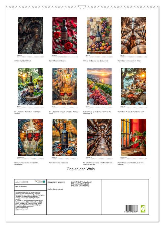 Produktbild: Ode an den Wein (Wandkalender 2026 DIN A2 hoch), CALVENDO Monatskalender