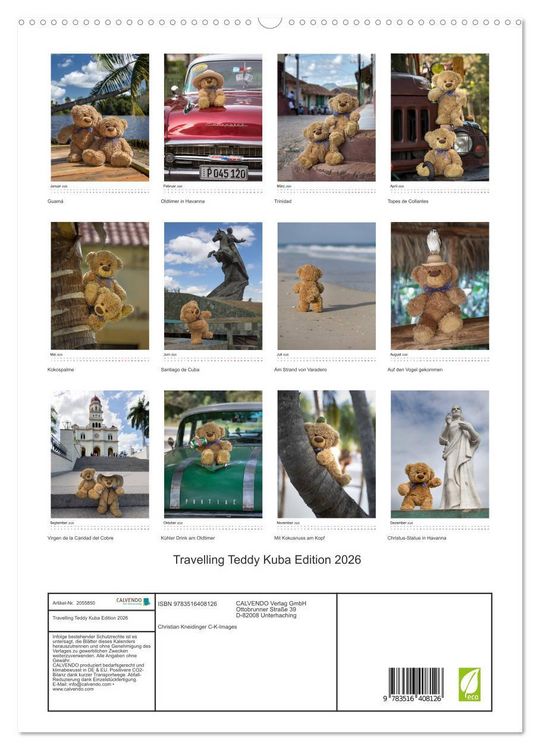 Produktbild: Travelling Teddy Kuba Edition 2026 (hochwertiger Premium Wandkalender 2026 DIN A2 hoch), Kunstdruck in Hochglanz