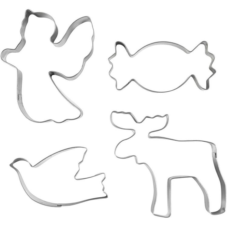 Produktbild: Creativ Company Ausstechf&ouml;rmchen, Engel, Rentier, Taube, Bonbon, H 2 cm, Gr&ouml;&szlig;e 4,5-9 cm, Metallic-Silber, 4 Stk
