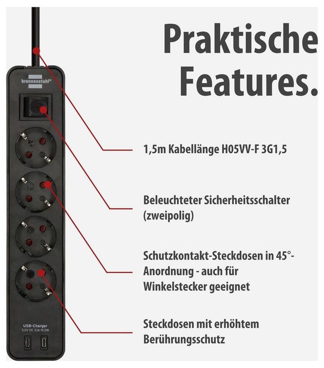 Produktbild: Brennenstuhl 1153240106 Steckdosenleiste mit Schalter Schwarz Schutzkontakt 1 St.