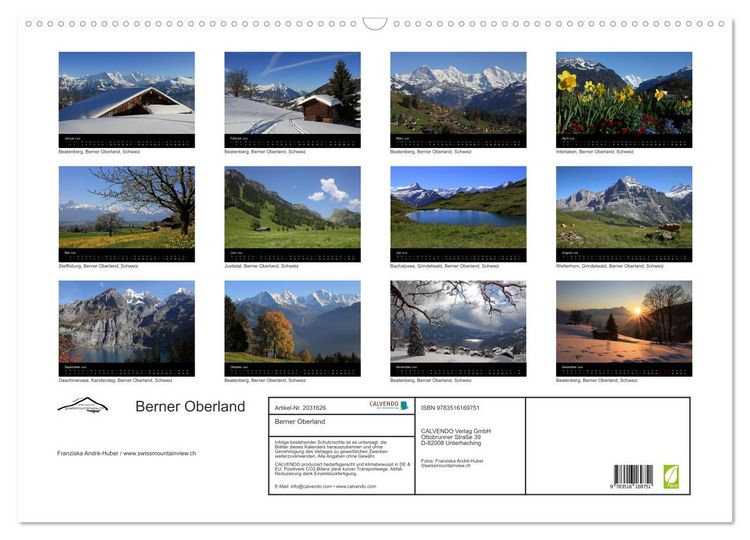 Produktbild: Berner Oberland (Wandkalender 2026 DIN A2 quer), CALVENDO Monatskalender