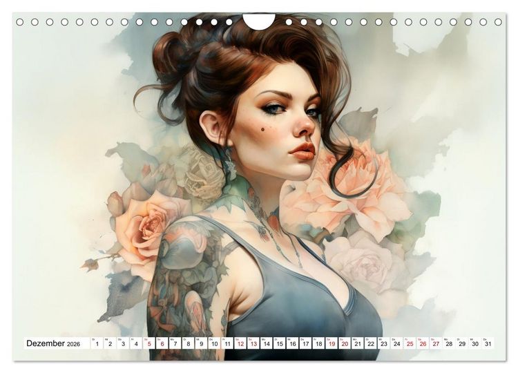 Produktbild: Tattoo trifft Kunst - Starke Tattoos treffen auf sanftes Aquarell (Wandkalender 2026 DIN A4 quer), CALVENDO Monatskalender