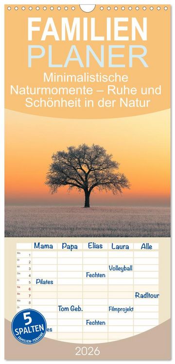 Produktbild: Familienplaner 2026 - Minimalistische Naturmomente &ndash; Ruhe und Sch&ouml;nheit in der Natur mit 5 Spalten (Wandkalender, 21 x 45 cm) CALVENDO