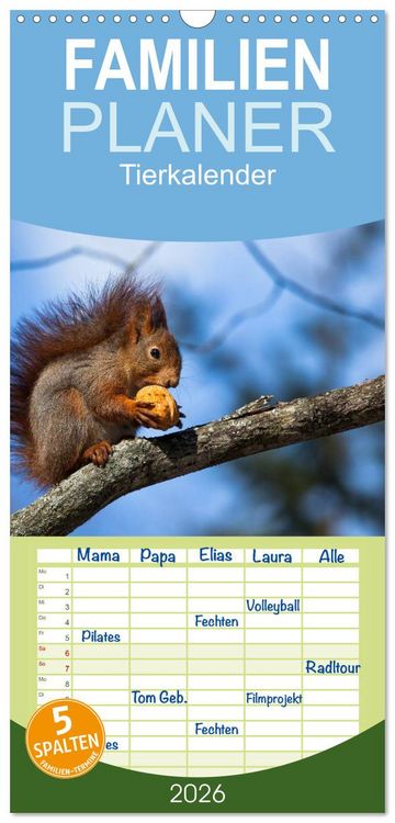 Produktbild: Familienplaner 2026 - Tierkalender 2026 mit 5 Spalten (Wandkalender, 21 x 45 cm) CALVENDO