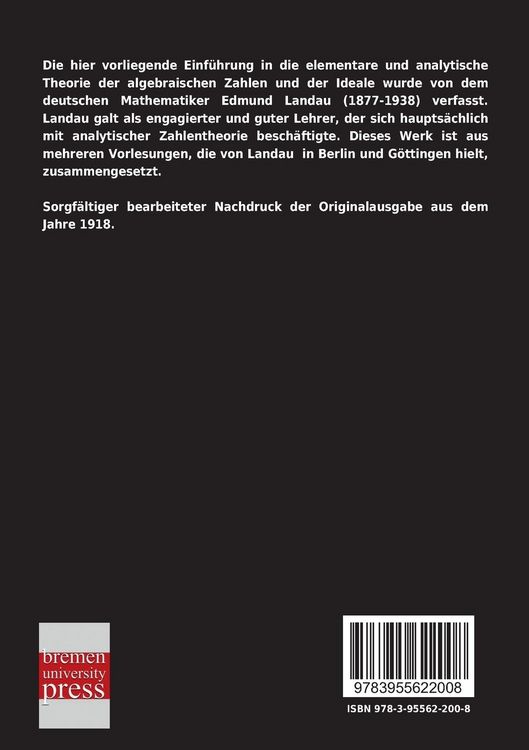 Produktbild: Einf&uuml;hrung in die elementare und analytische Theorie der algebraischen Zahlen und der Ideale
