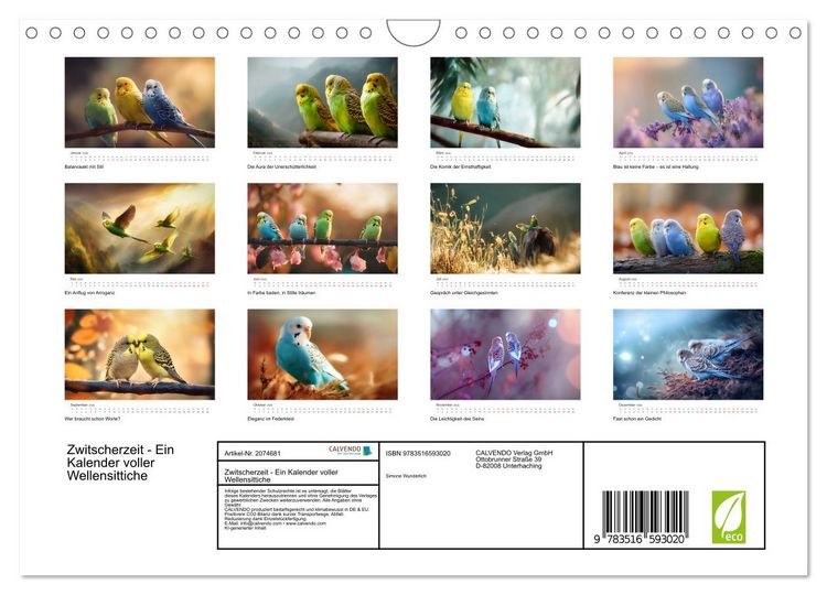 Produktbild: Zwitscherzeit - Ein Kalender voller Wellensittiche (Wandkalender 2026 DIN A4 quer), CALVENDO Monatskalender