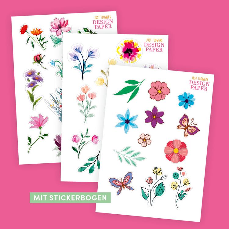 Produktbild: Design Paper Just Flowers A6 mit Blumen-Stickern
