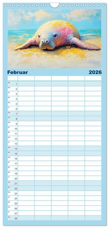 Produktbild: Familienplaner 2026 - Manatee Paintings. Rundschwanzseek&uuml;he im &Ouml;lgem&auml;lde-Stil mit 5 Spalten (Wandkalender, 21 x 45 cm) CALVENDO