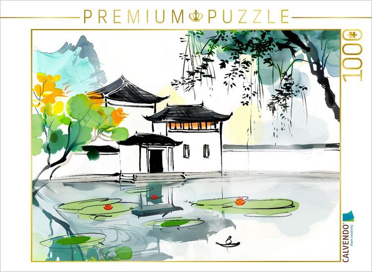 Produktbild: CALVENDO Puzzle Chinesische Tempelanlage am Seerosenteich. Tuschemalerei | 1000 Teile Lege-Gr&ouml;&szlig;e 64x48cm Foto-Puzzle f&uuml;r gl&uuml;ckliche Stunden