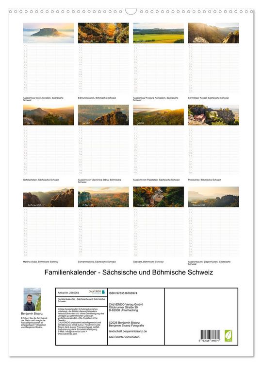 Produktbild: Familienkalender - S&auml;chsische und B&ouml;hmische Schweiz (Wandkalender 2027 DIN A2 hoch), CALVENDO Monatskalender