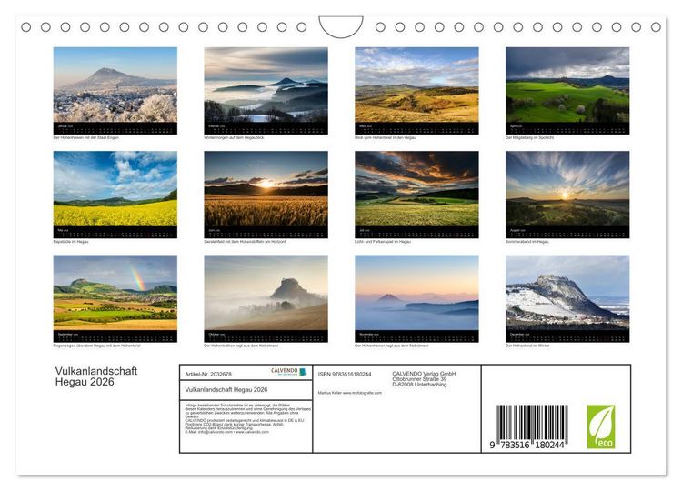 Produktbild: Vulkanlandschaft Hegau 2026 (Wandkalender 2026 DIN A4 quer), CALVENDO Monatskalender