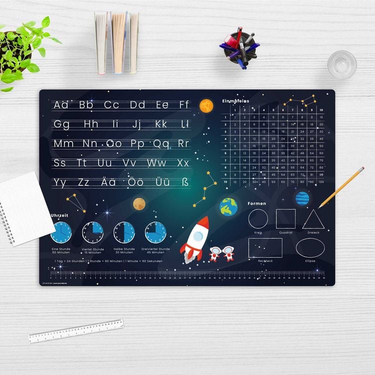 Produktbild: Cover-your-desk Schreibtischunterlage f&uuml;r Kinder Weltraum Schulanfang - abc und einmaleins, aus hochwertigem Vinyl , 60 x 40 cm