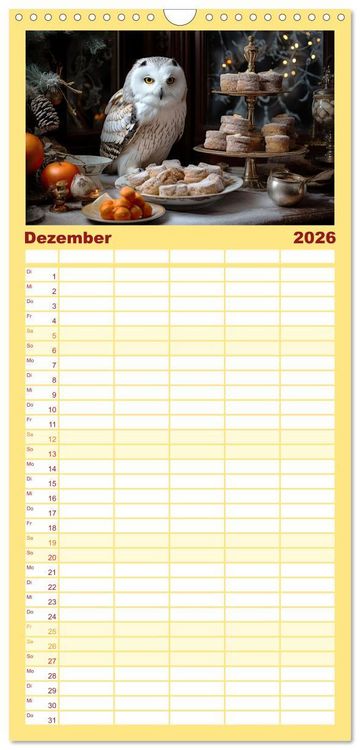 Produktbild: Familienplaner 2026 - Stillleben mit Eule mit 5 Spalten (Wandkalender, 21 x 45 cm) CALVENDO
