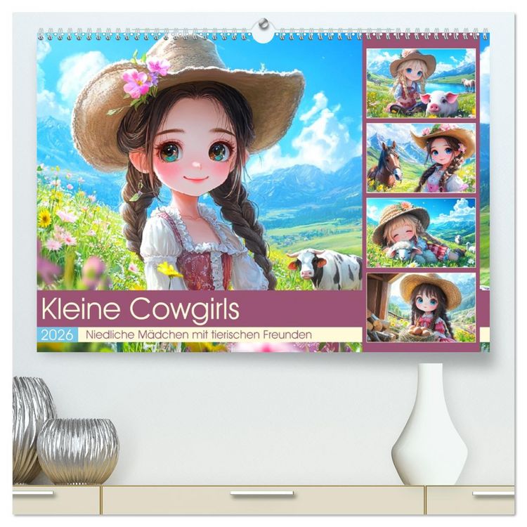 Produktbild: Kleine Cowgirls. Niedliche M&auml;dchen mit tierischen Freunden (hochwertiger Premium Wandkalender 2026 DIN A2 quer), Kunstdruck in Hochglanz