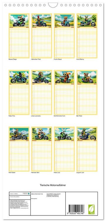 Produktbild: Familienplaner 2026 - Tierische Motorradfahrer mit 5 Spalten (Wandkalender, 21 x 45 cm) CALVENDO