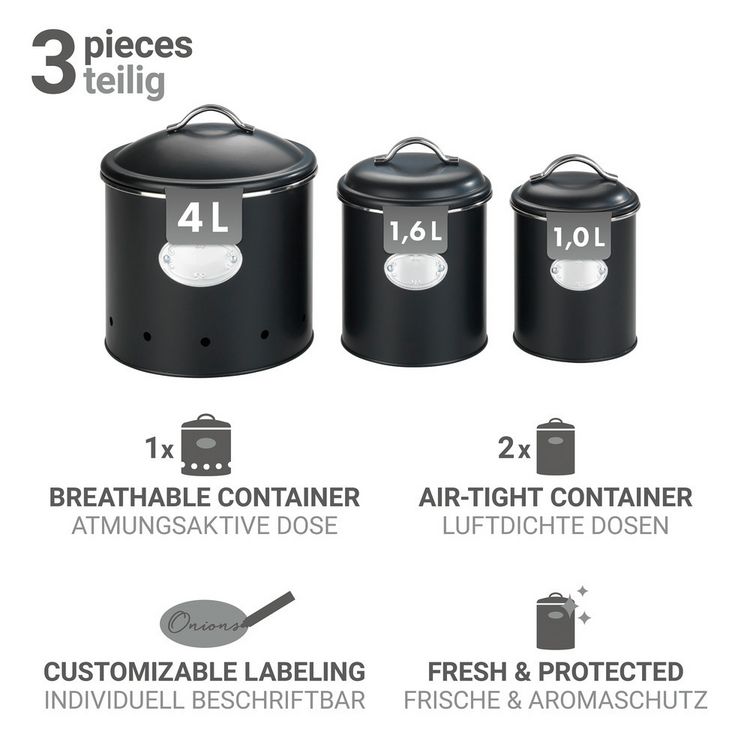 Produktbild: Aufbewahrungsdose Mod. Nero Set, 3-teilig, Vorratsdosen aus lackiertem Metall, Schwarz
