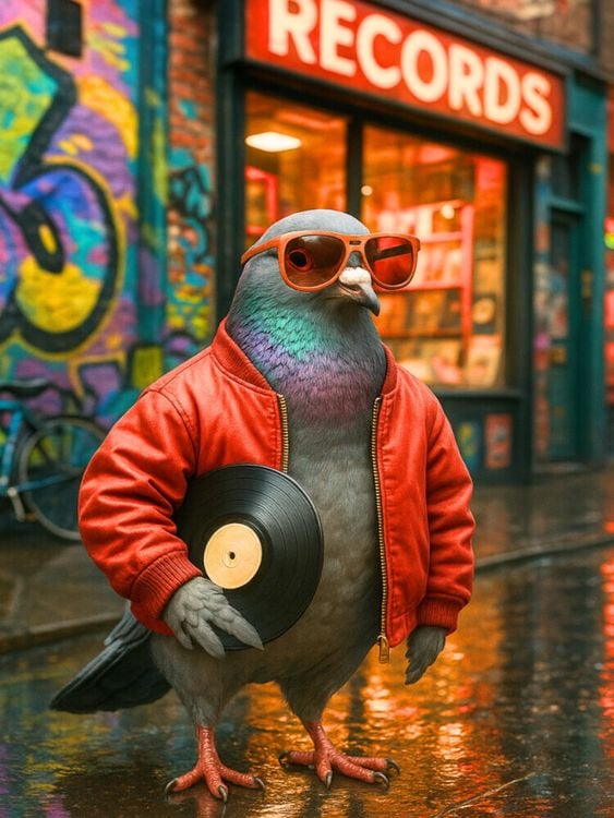 Produktbild: CALVENDO Puzzle Vinyl Vibes - Stadttaube vorm Plattenladen | 1000 Teile Lege-Gr&ouml;&szlig;e 64x48cm Foto-Puzzle f&uuml;r gl&uuml;ckliche Stunden
