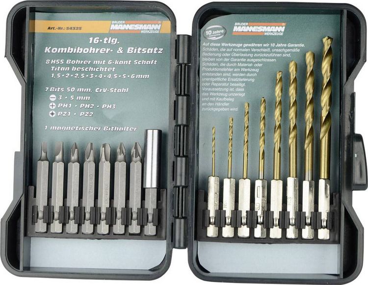 Produktbild: Br&uuml;der Mannesmann M54325 16teilig Bohrer- und Bit-Sortiment Metall 1.5 mm, 2 mm, 2.5 mm, 3 mm, 4 mm, 4.5 mm, 5 mm, 6 mm