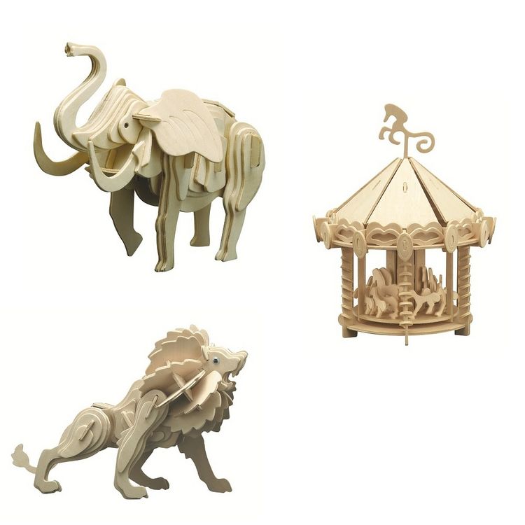 Produktbild: PEBARO 870 - Holzbausatz Zirkus-Set, L&ouml;we, Karussell, Elefant, 3 Holzkonstruktionen zum Zusammenstecken