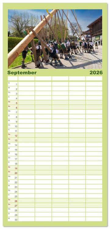 Produktbild: Familienplaner 2026 - Maibaum aufstellen mit 5 Spalten (Wandkalender, 21 x 45 cm) CALVENDO