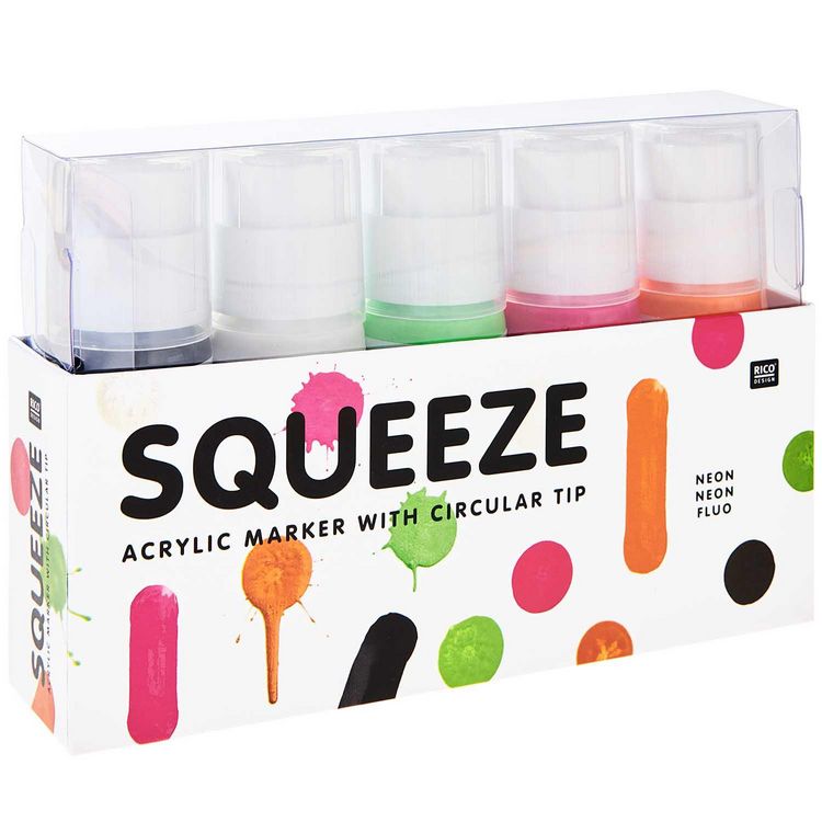 Produktbild: Squeeze Marker, 5x60ml Neon Set (Neon Orange / Neon Pink / Neon Gr&uuml;n / Wei&szlig; / Schwarz)