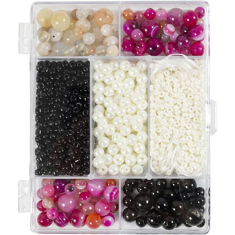 Produktbild: Creativ Company Kreativ Mix Schmuck, Achate, Gr&ouml;&szlig;e 2,6-10 mm, Lochgr&ouml;&szlig;e 0,8-1,8 mm, Beige, Schwarz, Pink, Perlmuttwei&szlig;