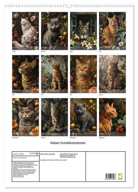 Produktbild: Katzen Kunstillustrationen (Wandkalender 2026 DIN A2 hoch), CALVENDO Monatskalender