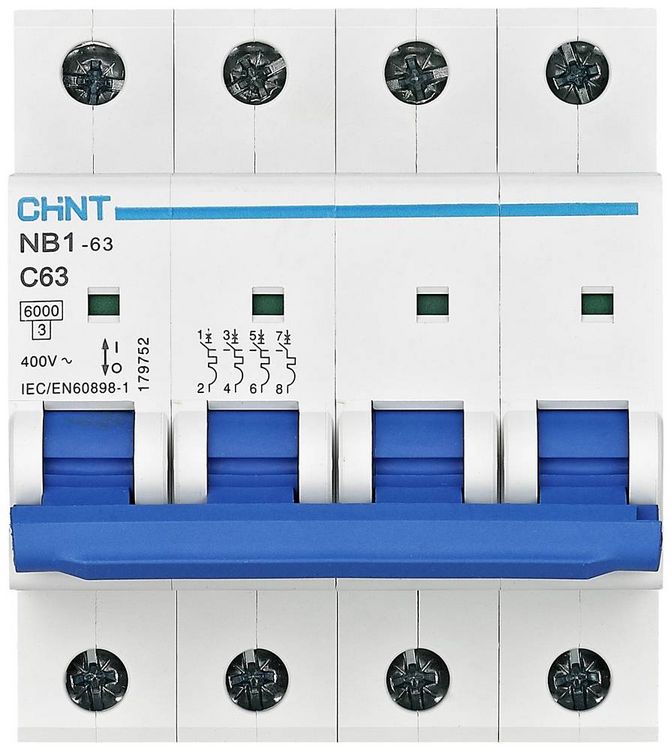 Produktbild: Chint 179747 NB1-63 4P C32 6kA DB Leitungsschutzschalter 4polig 32A 240 V, 415V