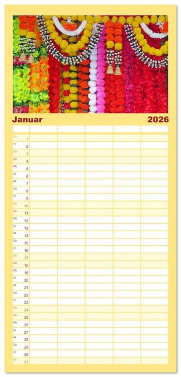 Produktbild: Familienplaner 2026 - Asien - Farbenfrohe Blumenketten mit 5 Spalten (Wandkalender, 21 x 45 cm) CALVENDO
