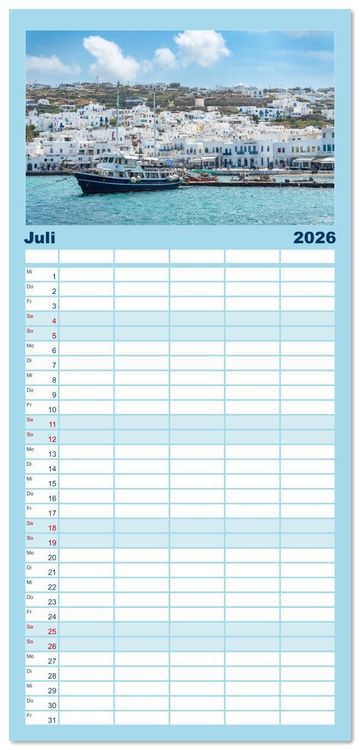 Produktbild: Familienplaner 2026 - Griechenland - Mykonos Kalender mit 5 Spalten (Wandkalender, 21 x 45 cm) CALVENDO