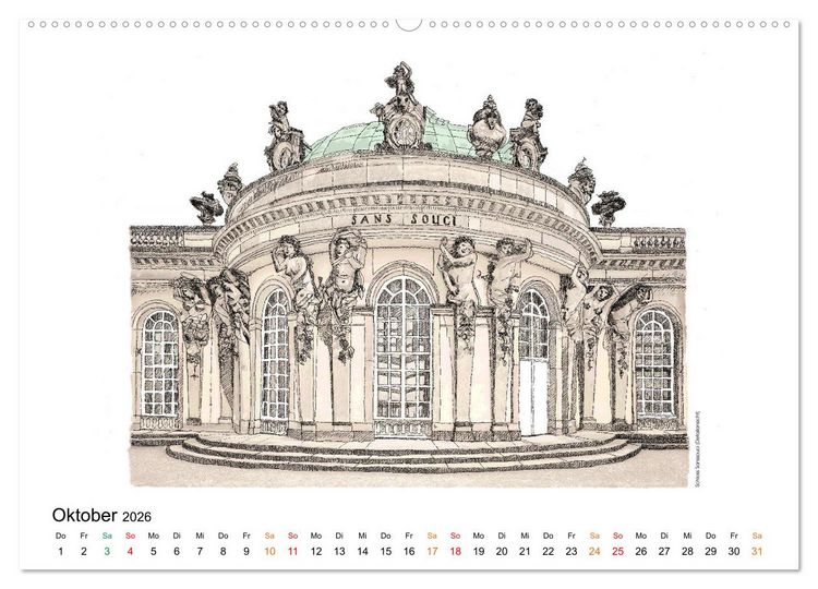 Produktbild: Potsdamer Sehensw&uuml;rdigkeiten in Ink und Farbe (hochwertiger Premium Wandkalender 2026 DIN A2 quer), Kunstdruck in Hochglanz