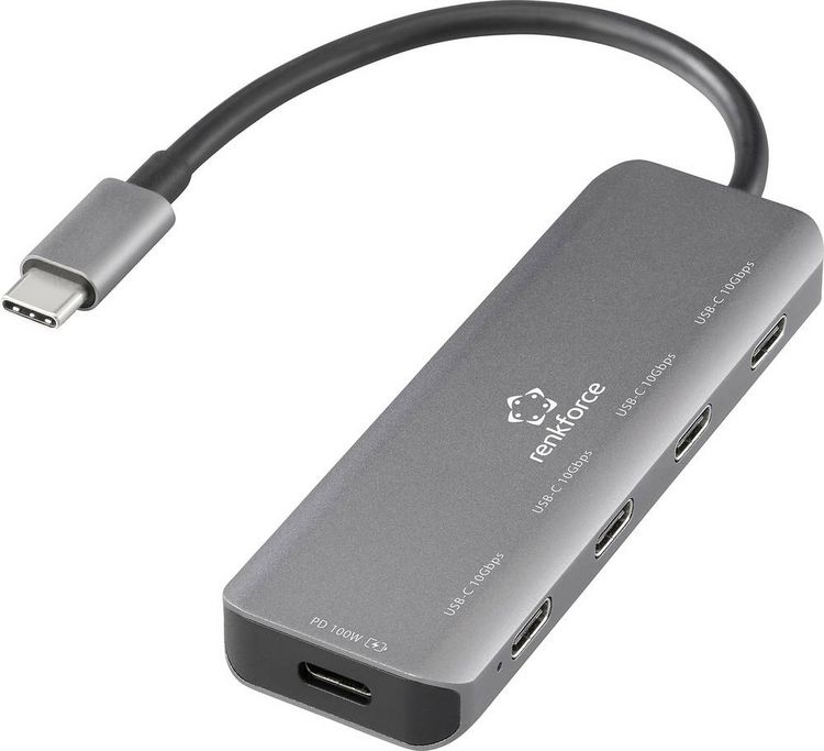Produktbild: Renkforce RF-6872246 USB-Hub 4 Port USB-C&reg; USB 3.2 Gen2 10 GBit/s mit Aluminiumgeh&auml;use, mit USB-C&reg; Stecker Grau RF-USBCH-220