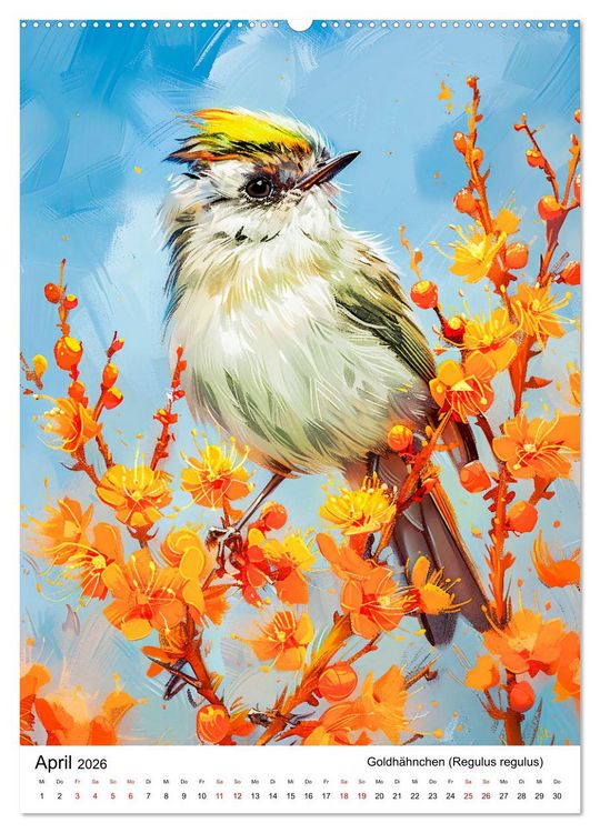 Produktbild: Heimische V&ouml;gel - Singv&ouml;gel zwischen Bl&uuml;ten und Beeren (hochwertiger Premium Wandkalender 2026 DIN A2 hoch), Kunstdruck in Hochglanz