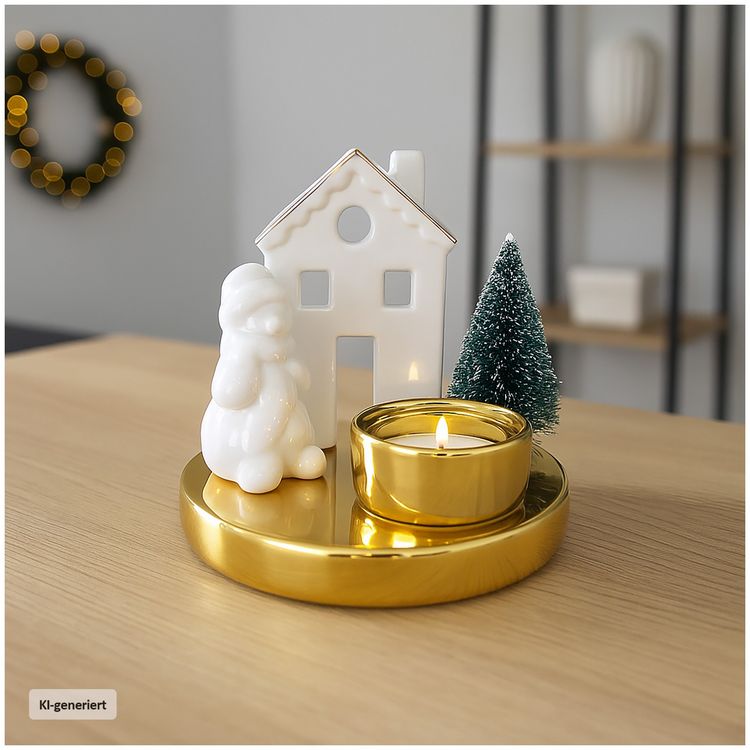 Produktbild: HTI-Living Teelichthalter Weihnachtsdeko Schneemann Haus Tannenbaum Keramik Gold Wei&szlig;