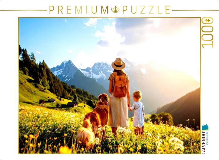 Produktbild: CALVENDO Puzzle Frau mit Kind und Hund in den Bergen | 1000 Teile Lege-Gr&ouml;&szlig;e 64x48cm Foto-Puzzle f&uuml;r gl&uuml;ckliche Stunden