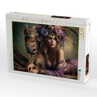 Produktbild: CALVENDO Puzzle Frau liegt auf dem Bauch, neben sich eine anmutige Katze | 1000 Teile Lege-Gr&ouml;&szlig;e 64x48cm Foto-Puzzle f&uuml;r gl&uuml;ckliche Stunden