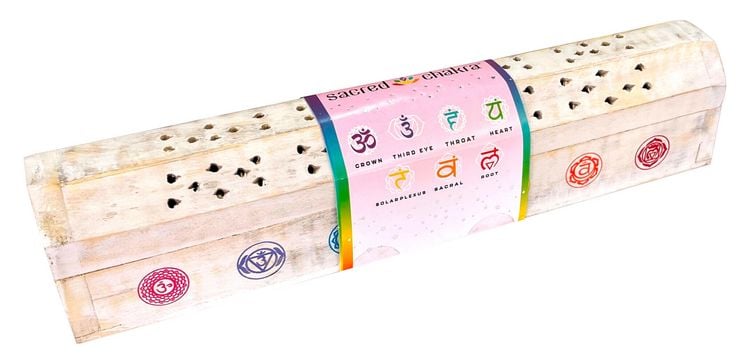 Produktbild: India Truhe "7 Chakren" Holz wei&szlig; 30x6cm, R&auml;ucherst&auml;bchenhalter
