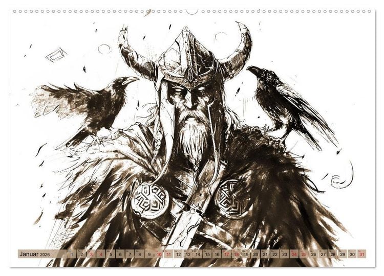 Produktbild: G&ouml;tter der Wikinger - Skizzen zur Welt der Nordischen Mythologie (hochwertiger Premium Wandkalender 2026 DIN A2 quer), Kunstdruck in Hochglanz
