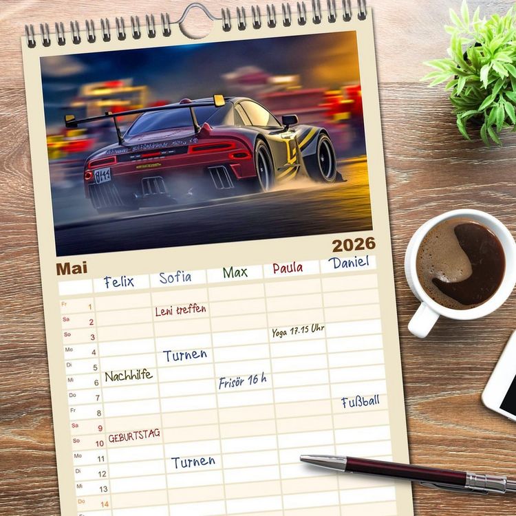 Produktbild: Familienplaner 2026 - Fantasievolle Rennautos - Im Rausch der Geschwindigkeit mit 5 Spalten (Wandkalender, 21 x 45 cm) CALVENDO