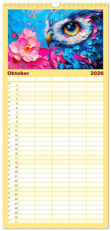 Produktbild: Familienplaner 2026 - Eulen. Entz&uuml;ckende Paintings mit 5 Spalten (Wandkalender, 21 x 45 cm) CALVENDO