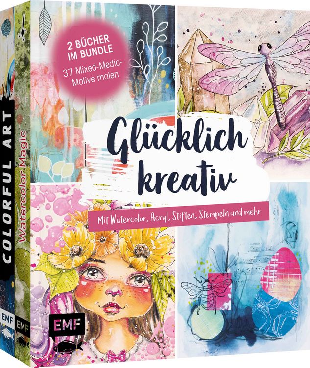 Produktbild: Gl&uuml;cklich kreativ &ndash; Zwei B&uuml;cher im Bundle: 37 Mixed-Media-Motive malen